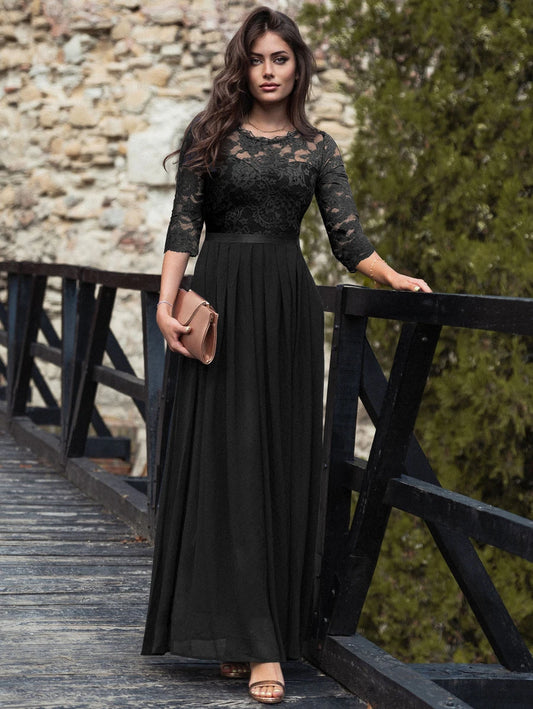 MIUSOL Floral Lace Bodice Ribbon Waist Pleated