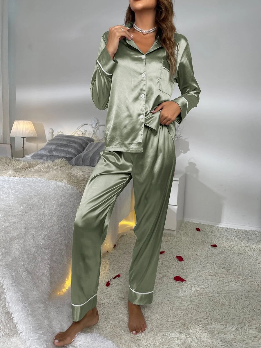 Contrast Binding Button Front Lapel Collar Satin