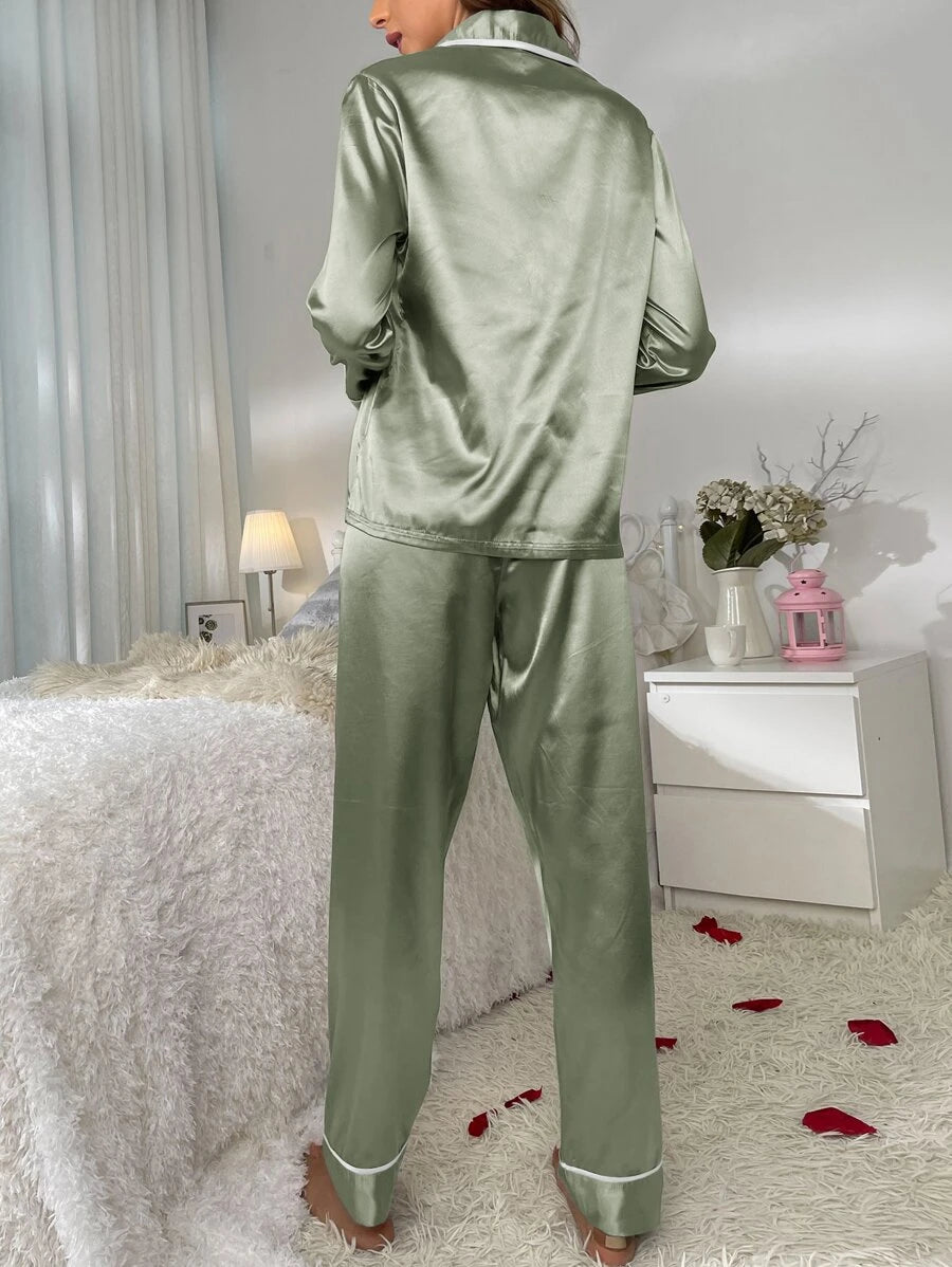 Contrast Binding Button Front Lapel Collar Satin