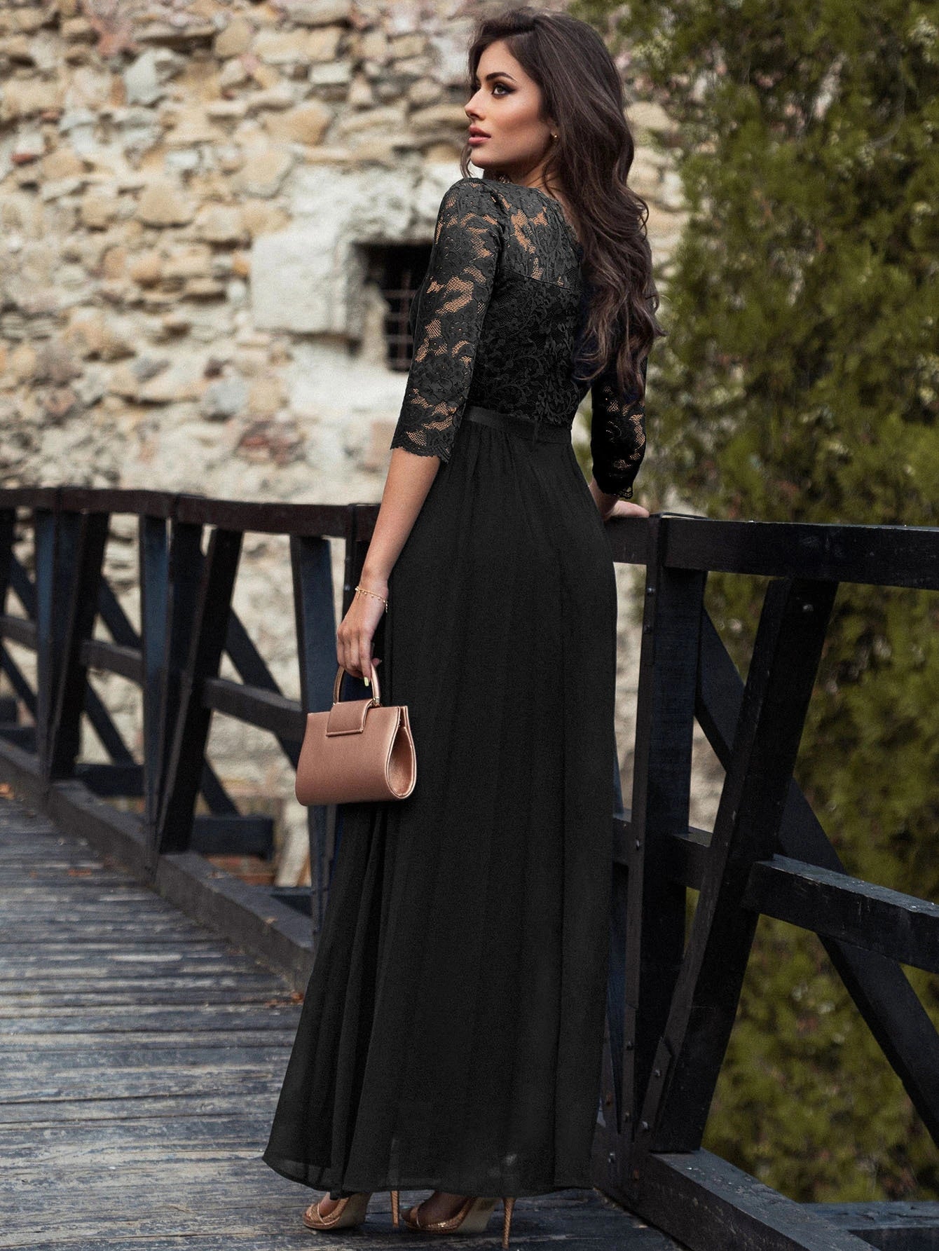 MIUSOL Floral Lace Bodice Ribbon Waist Pleated