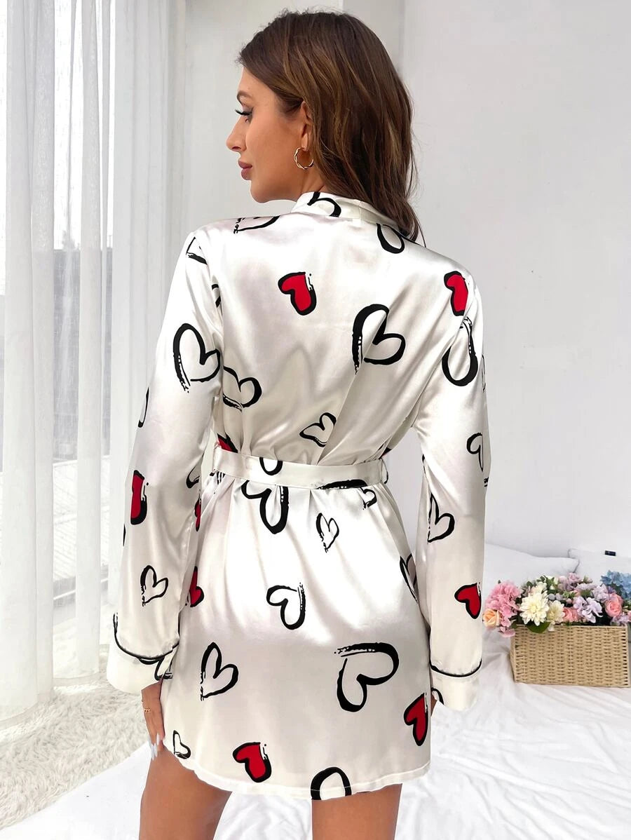 Heart Print Contrast Piping Belted Satin Sleep Robe