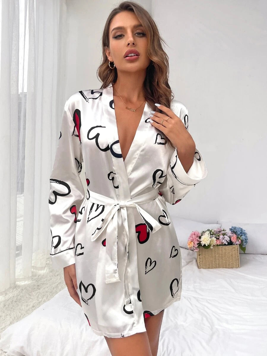 Heart Print Contrast Piping Belted Satin Sleep Robe