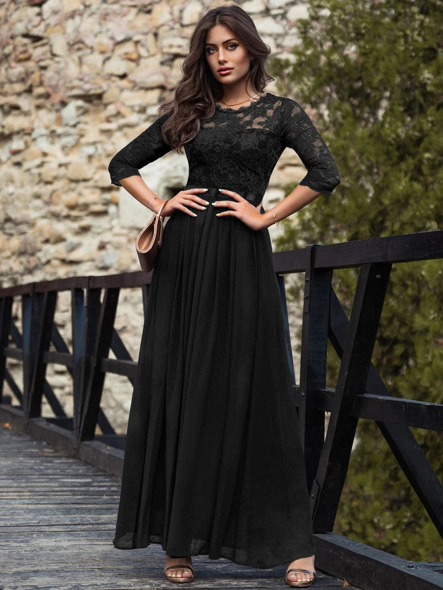 MIUSOL Floral Lace Bodice Ribbon Waist Pleated