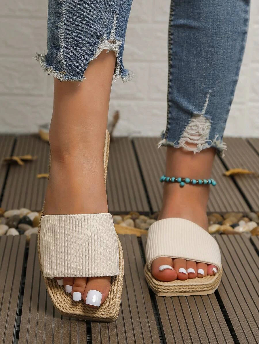 Women Single Band Slides, Vacation Beige Fabric Slides