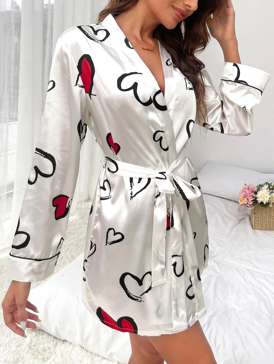 Heart Print Contrast Piping Belted Satin Sleep Robe