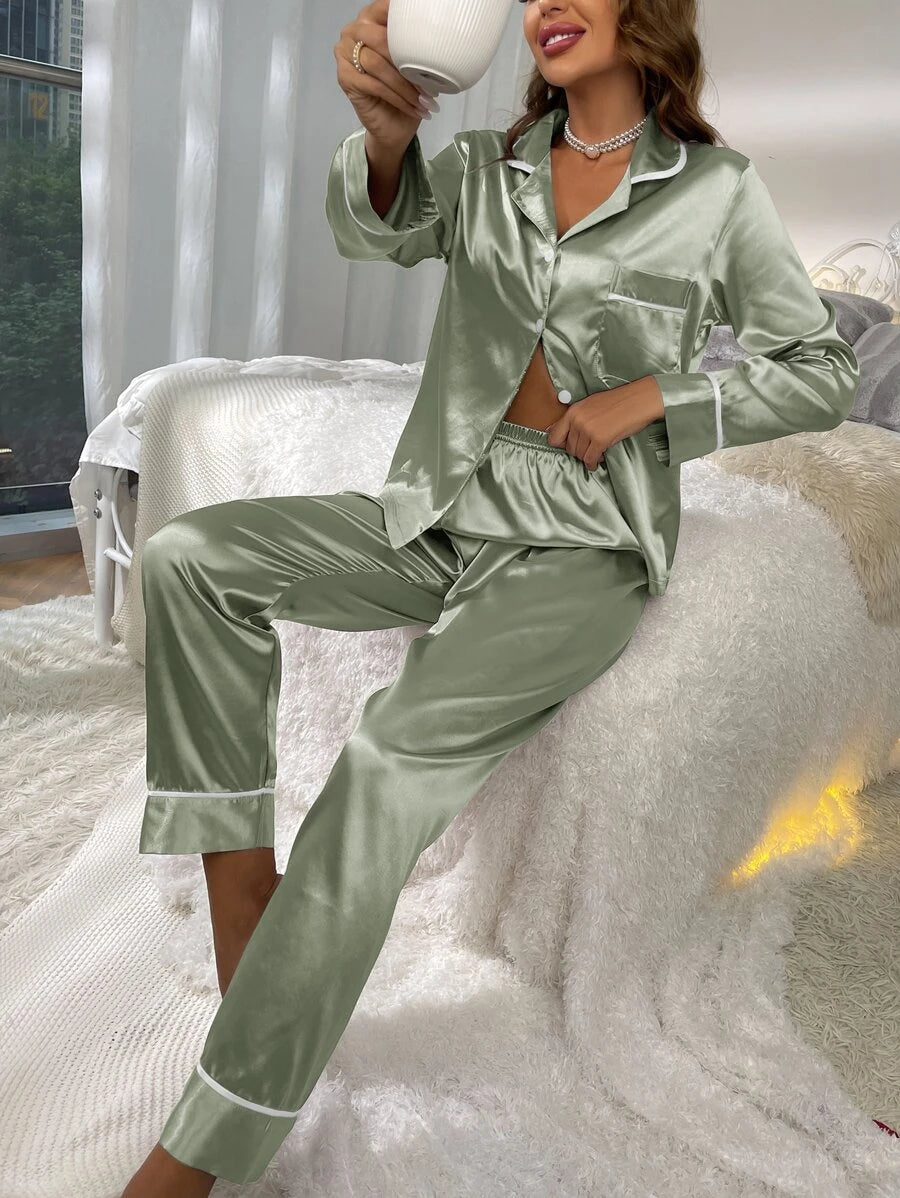 Contrast Binding Button Front Lapel Collar Satin