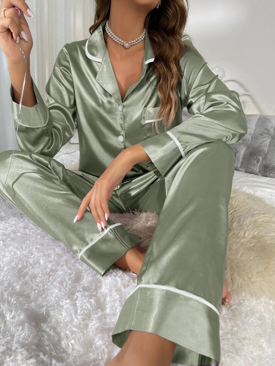 Contrast Binding Button Front Lapel Collar Satin