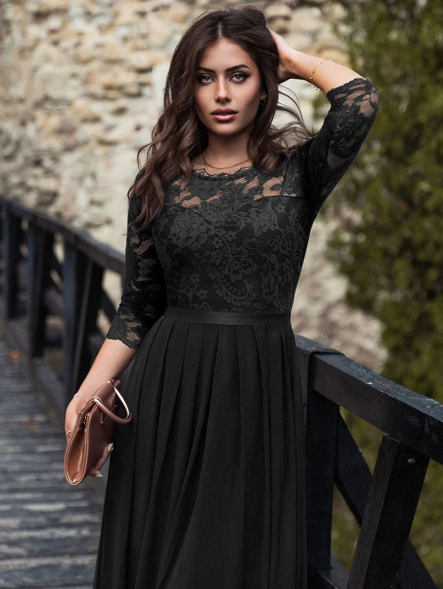 MIUSOL Floral Lace Bodice Ribbon Waist Pleated