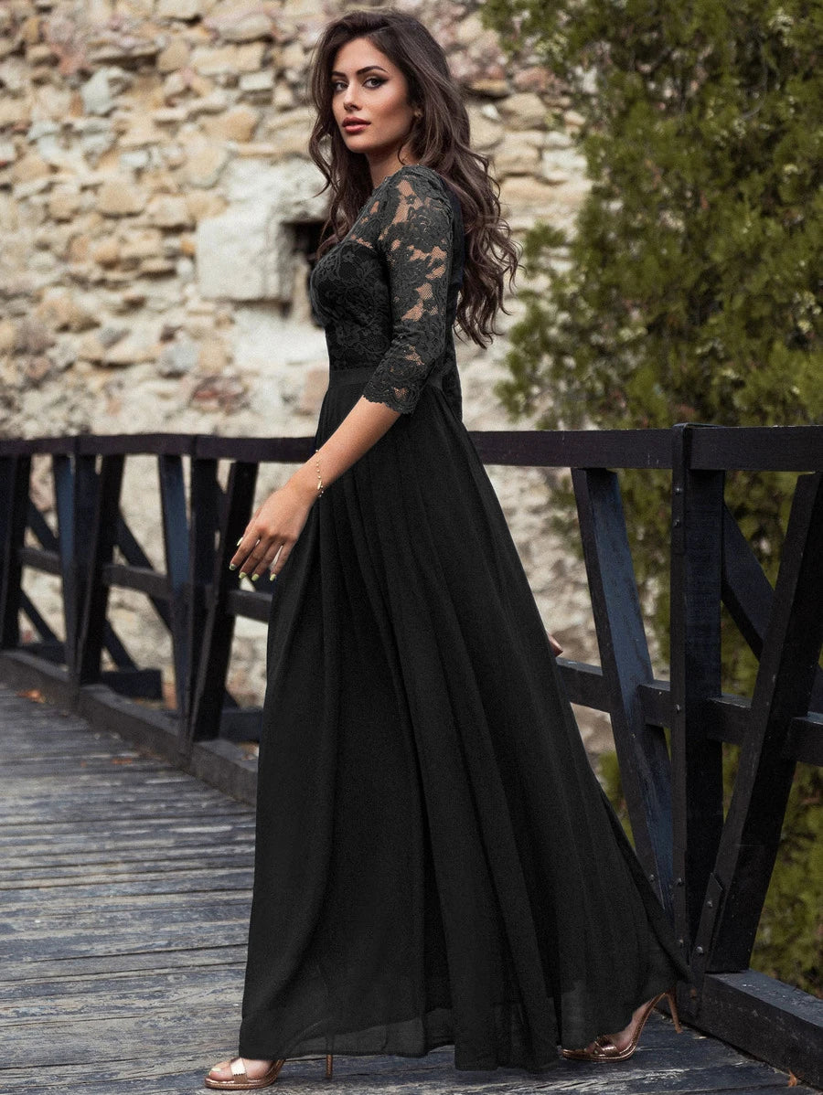 MIUSOL Floral Lace Bodice Ribbon Waist Pleated